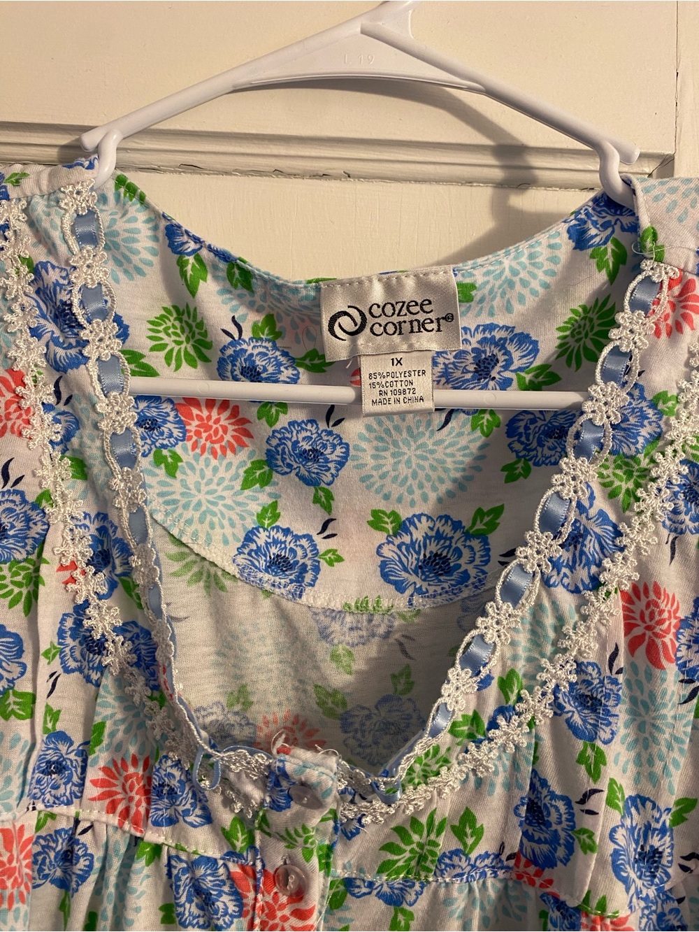 Cozy Corner Floral Short Sleeve Pajama Set in White with Blue & Coral Print - Picture 2 of 2